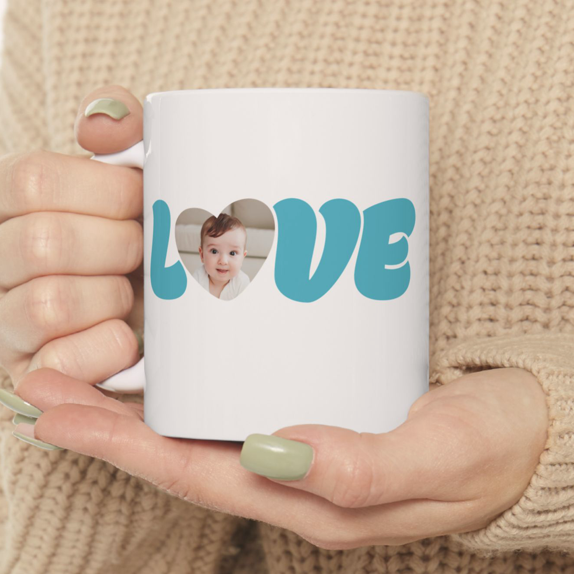 Baby Blue LOVE Photo Mug - Valentine's Day Custom Photo Ceramic Coffee Cup